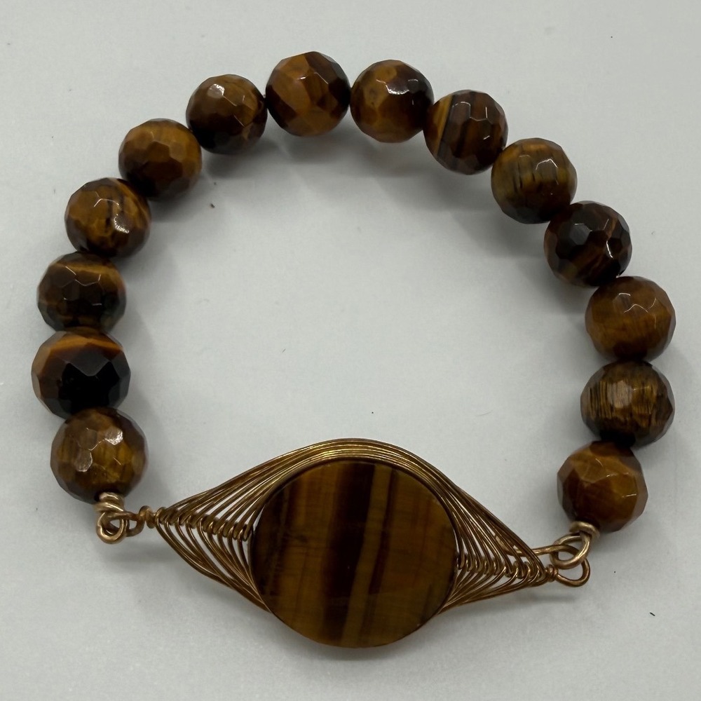 Tiger's Eye Bead Bracelet Women Brown Wire Wrapped Bgoo Artisan Hippie Spirtual